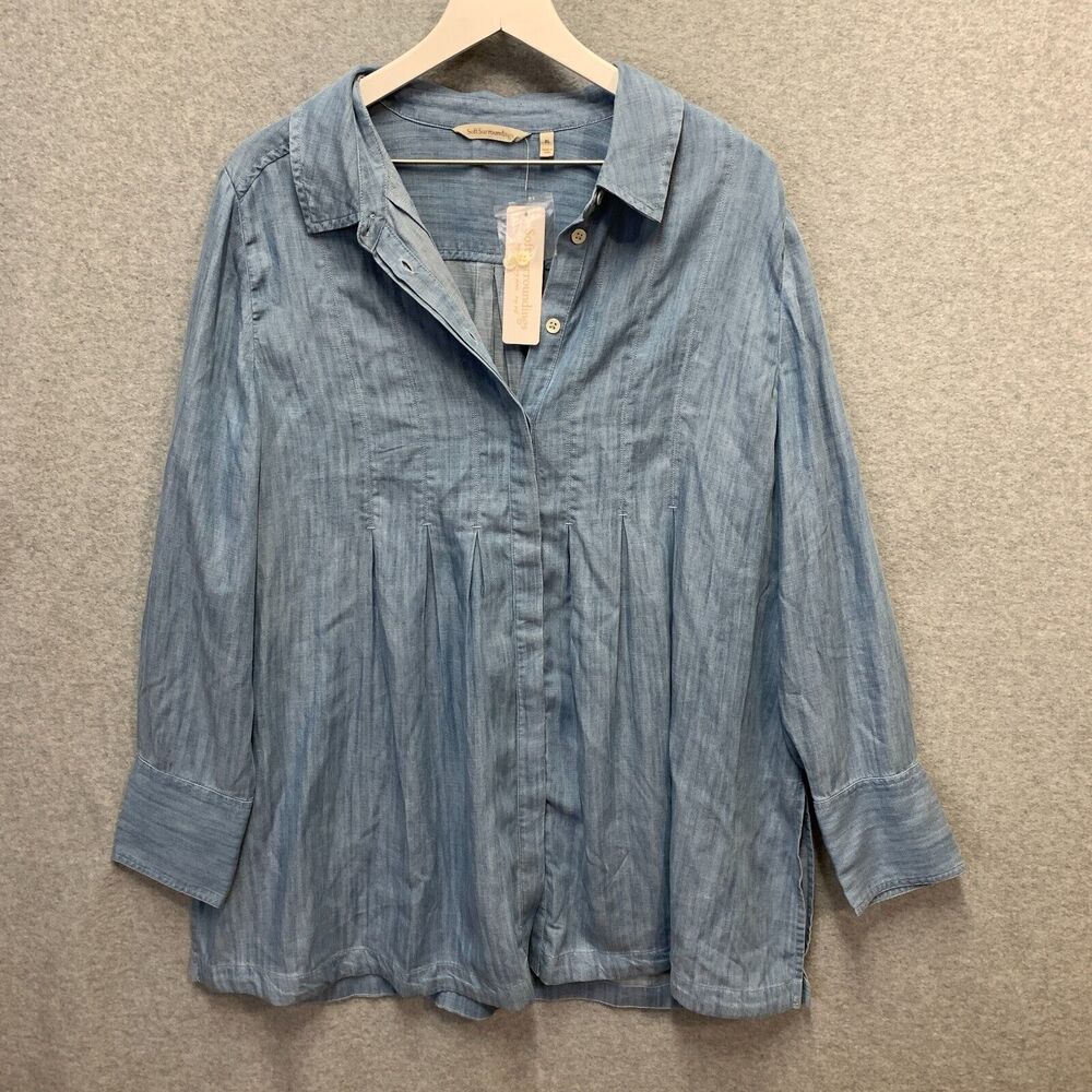Soft Surroundings Top Sz XL 18 Blue Chambray Tunic Button Revellet Lagenlook NEW